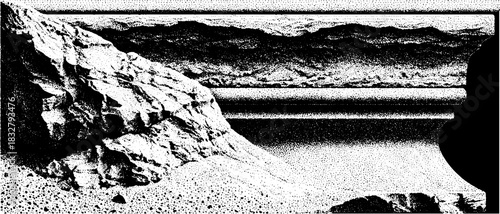 Engraved decorative illustration of carved stone threshold in landscape scene for design use