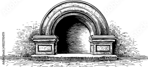 Vintage engraved illustration of classical arched stone design for historical decor