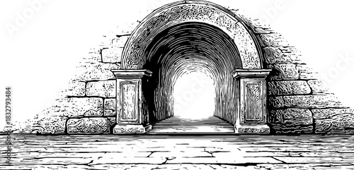 Classical arched stone entrance engraving - decorative vintage design for posters or labels