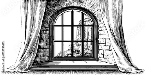 Classical arched window with curtains and scenic view - decorative vintage engraving