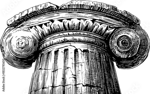 Engraved decorative illustration of classical circular column architecture for design