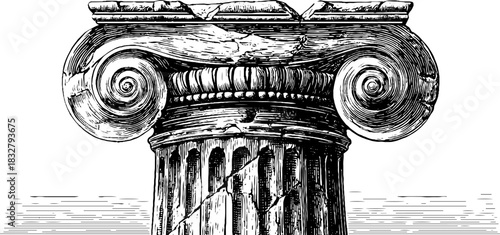 Classical column base engraving: decorative vintage architecture illustration for design