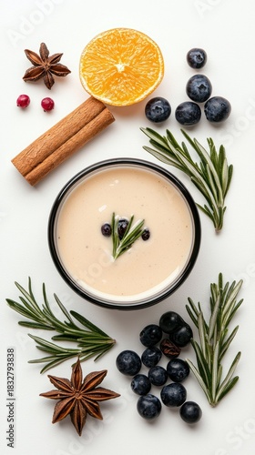 Overhead shot of a creamy soup in a black bowl surrounded by fresh blueberries, rosemary, orange slice, star anise, cinnamon stick, and peppercorns on a white s