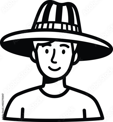 A minimalist black and white line drawing of a smiling person wearing a large widebrimmed striped hat.