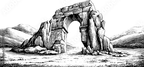 Classical stepped arch with mountainous background - decorative architectural design