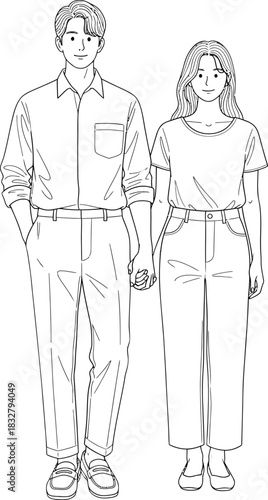 A young couple holding hands depicted in a clean black and white line art style standing together.