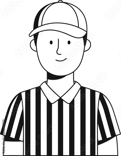 Black and white line art illustration of a smiling referee in a striped uniform and cap.