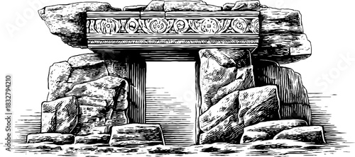 Engraved cliff shrine wall niche illustration for historical design