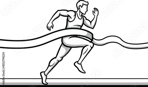 Black and white line art of a muscular male runner breaking the finish line tape.