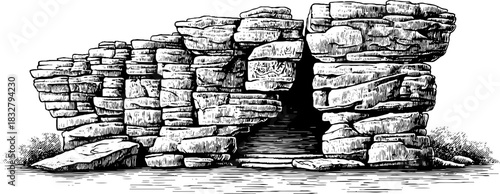 Vintage engraved illustration of cliff shrine wall niche for retro design and decor