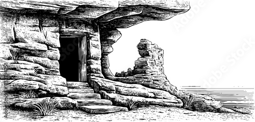 Vintage hand drawn cliffside granary entrance illustration for design and decor