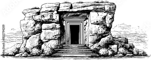 Vintage sketch of a cliffside granary door - hand drawn decorative engraving for retro design