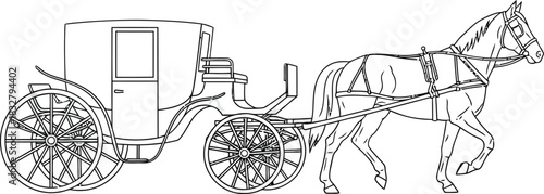 Classic singlehorse drawn enclosed carriage with spoked wheels a detailed black and white line art illustration.