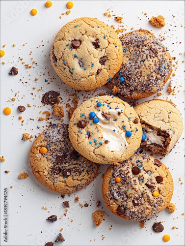 Overhead shot of several freshly baked cookies with sprinkles and chocolate chips, arranged on a white surface.