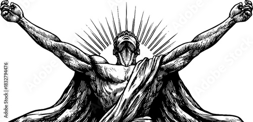 Vintage engraving of dawn deity with radiant aura and outstretched arms design for art prints