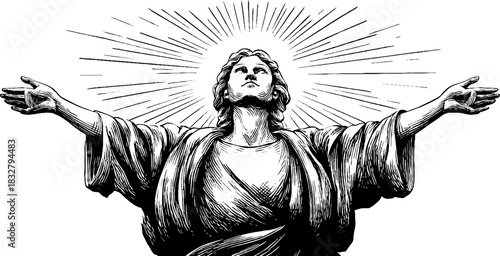 Engraved decorative illustration of a spiritual dawn figure with radiant aura