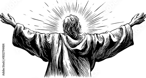 Mystical dawn spirit with radiant aura and outstretched arms - vintage engraved design for artwork