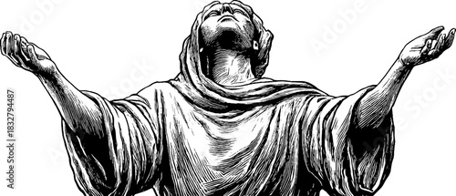 Decorative engraving of a dawn deity figure in prayer - vintage hand drawn illustration