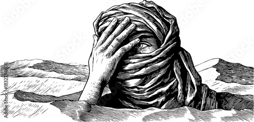 Intricate engraving of a desert wanderer shielding from sandstorm