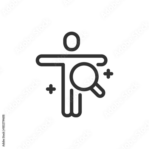 Person with magnifying glass, linear icon. Health examination and body diagnostics. Line with editable stroke.