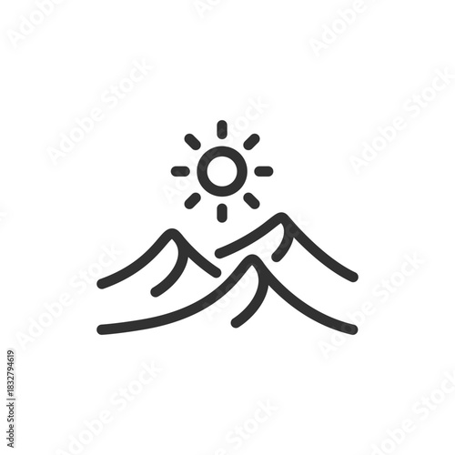 Desert with sun, linear icon. Sand dunes and hot landscape. Line with editable stroke.