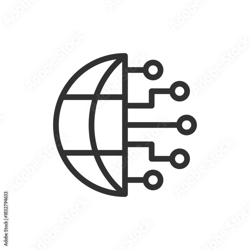Globe with digital connections, linear icon. Global network and digital transformation. Line with editable stroke.