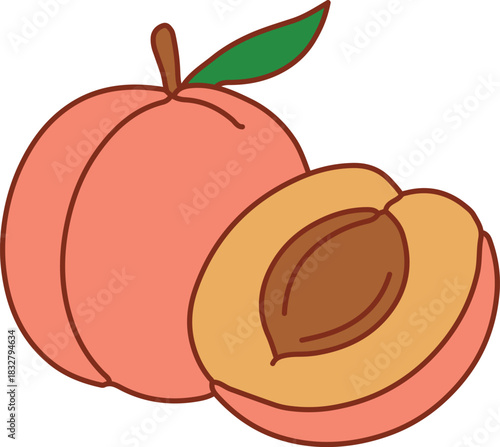Peach with cut half and pit