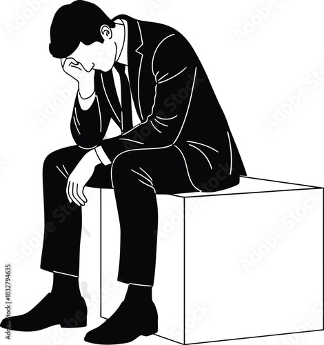 Despondent businessman in a suit sitting with head in hand depicted in a stark black and white illustration.