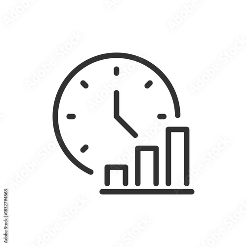 Clock with chart, linear icon. Time analytics and performance tracking. Line with editable stroke.