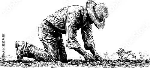 Vintage farm life - engraved illustration of a field worker bending on a sunny day