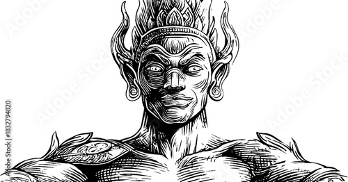Engraved decorative illustration of a fire guardian deity in vintage style