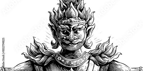 Engraved decorative illustration of fire guardian deity - mythical art design for posters and prints
