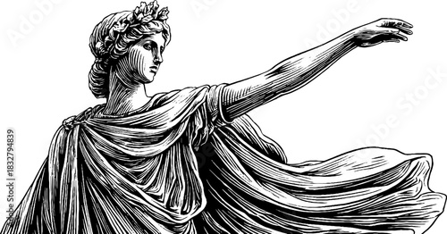 Elegant flowing robed female figure in decorative engraving for classic design and art enthusiasts