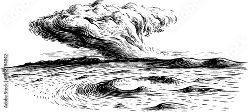 Mysterious fog drift spirit engraving rising over ocean waves