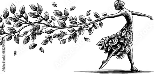 Enchanting dance of the leaf spirit in a mystical forest setting