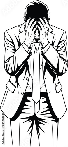 Dramatic black and white line art of a businessman in a suit covering his face with his hands in despair.