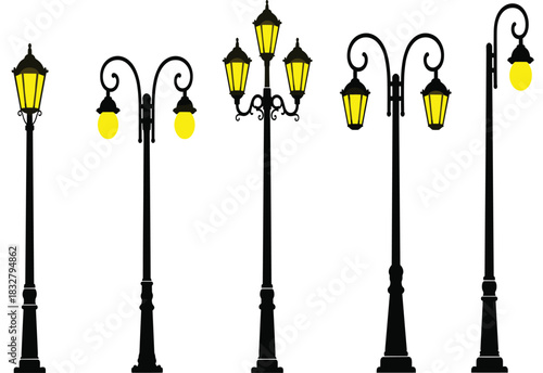 Vintage Street Lamp Post Collection Vector Set Classic Outdoor Park Light Silhouette Design Urban Lighting Fixture Icons
