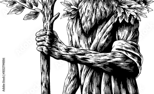 Intricate engraving of a forest guardian spirit: nature-inspired decorative design