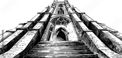 Intricate gothic flying buttress architectural engraving in vintage style for historical design projects