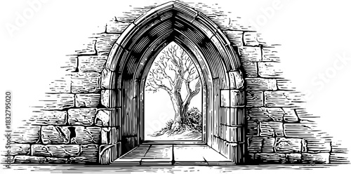Gothic lancet window sketch with tree view for retro design