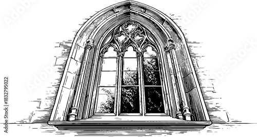 Vintage gothic lancet window illustration: intricate engraved architectural design
