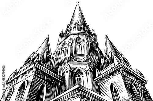 Gothic cathedral architecture - engraved decorative illustration for historical design and print