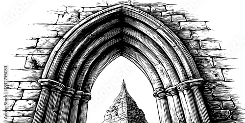 Engraved decorative illustration of a gothic lancet window for architecture and design projects