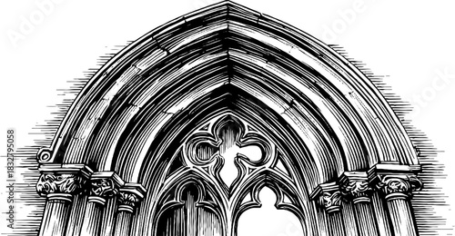 Intricate gothic pointed arch design – vintage hand drawn engraving for architectural inspiration