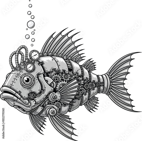Intricate black and white steampunk fish illustration with exposed gears gauges and mechanical fins.
