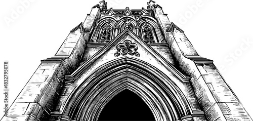 Gothic pointed arch engraving design for decorative art and historical architecture