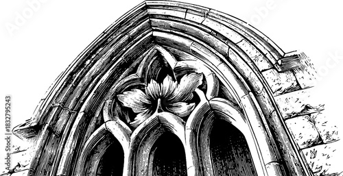 Engraved gothic window fragment illustration for design and decor