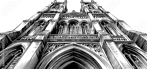 Gothic architecture tracery in cathedral window engraving for historical design and art study