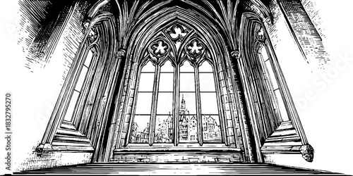 Intricate gothic window tracery - decorative architectural sketch for design and decor