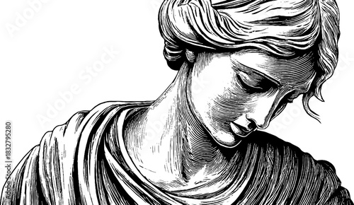 Engraved decorative illustration of a graceful female statue in vintage style